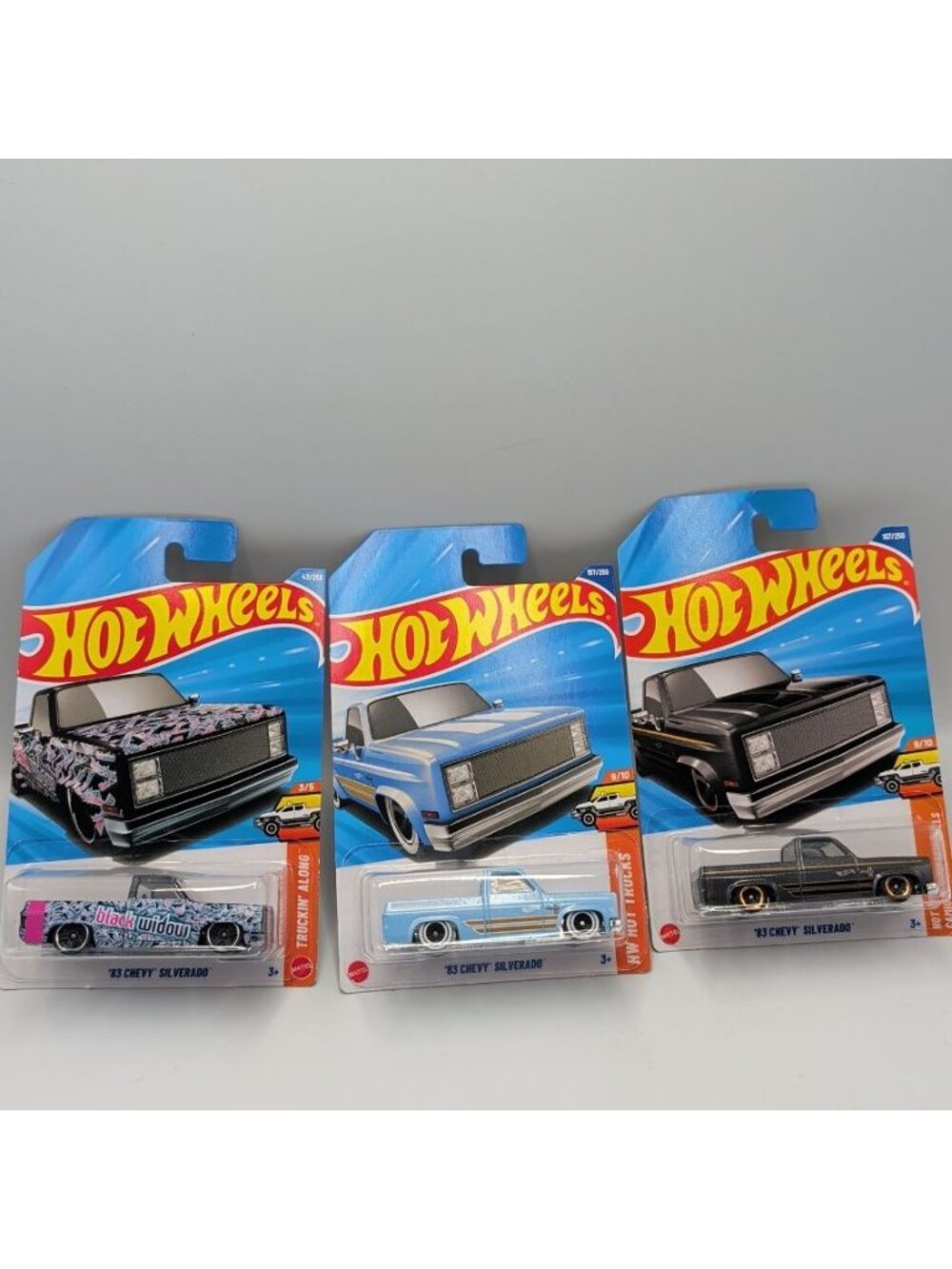 2026 HOT WHEELS '83 CHEVY SILVERADO HW HOT TRUCKS GRAY BLACK WIDOW BLUE LOT OF 3